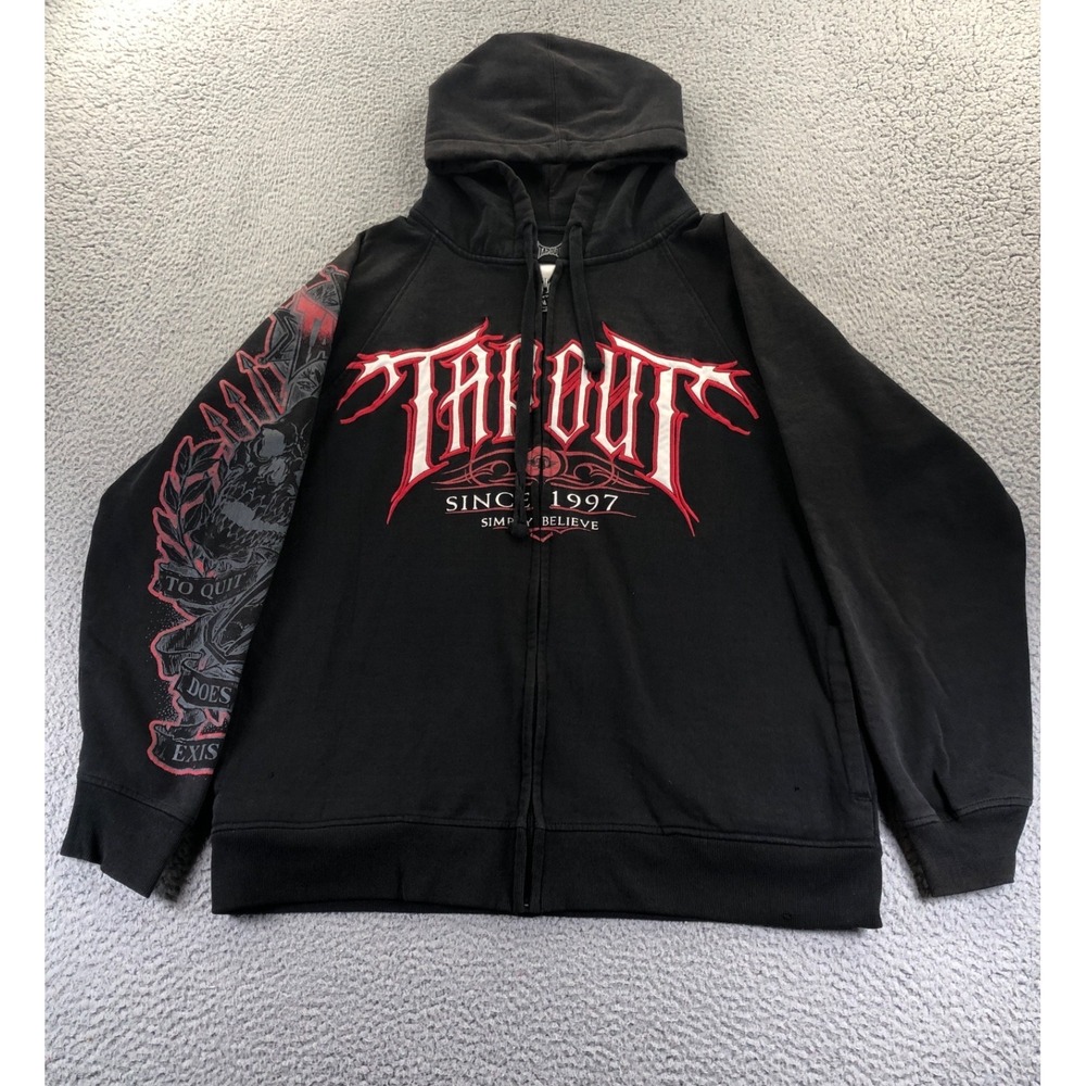 Vtg Tap Out Hoodie Mens Large Black Skull Faded Emo Grunge Punk Distressed Y2K